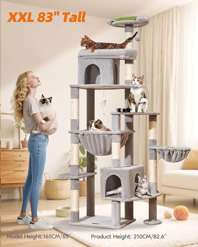 Taoqimiao 83In Heavy Duty Cat Tree, Suitable 20lb+ Large Cats, XXL-Cat Tower for Indoor Cats Large Adult, 2 Luxurious Cat Cando with 8 Scratching Posts,Oversized Metal Hammocks, Light Gray MS032W