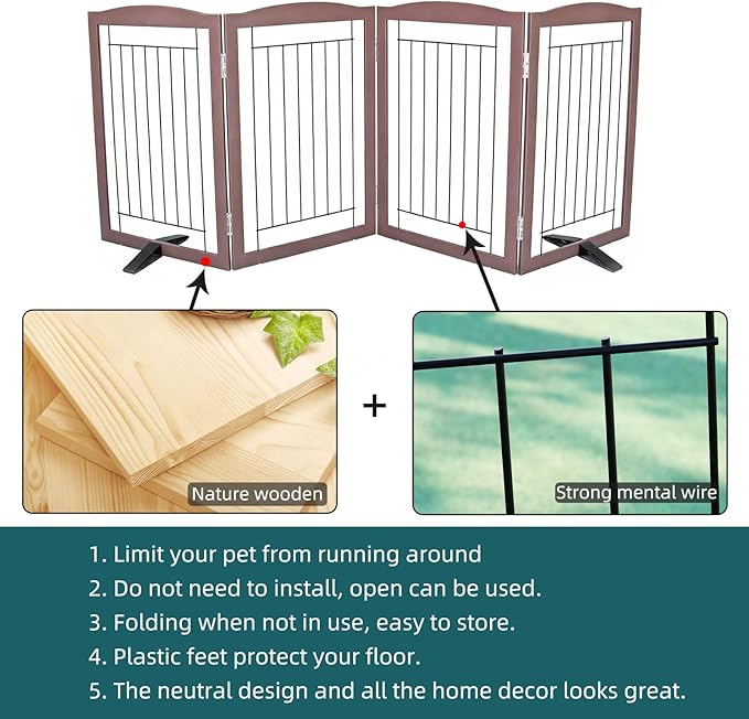 Dog Fence Indoor,Dog Gate Indoor for Doorway pet gate -4-Panel Freestanding, Hallways, House or Stairs -80x32-Inch Retractable Foldable Expandable Wood Pet by SFJC (Brown) ﻿