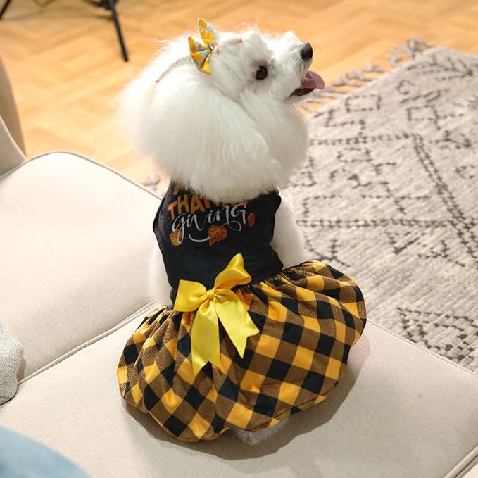 CuteBone Happy Thanksgiving Day Dog Fall Dress Costume Velvet for Small Dogs Girl Puppy Dresses Yellow Plaid Dog Clothes CVA03XS-D