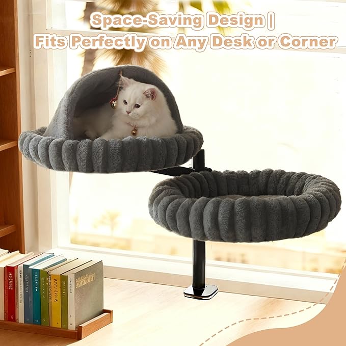 Dogpals 2-in-1 Cat Desk Bed: 360° Rotating & Height Adjustable Cat Tree with Semi-Enclosed & Open Layers, No-Drill Clamp for Desk up to 1.18" Thick, Supports 9lbs for Office, Grey