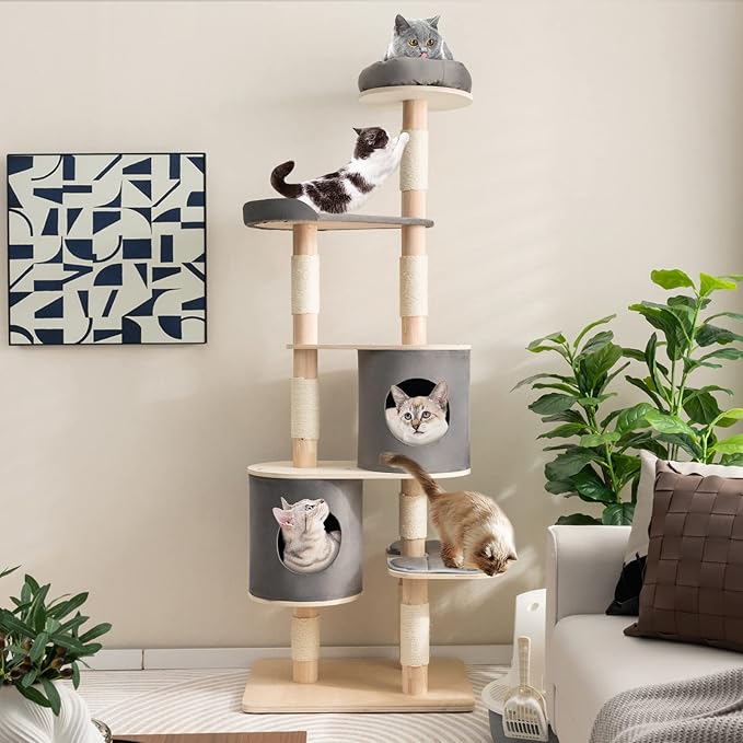 Tangkula 75 Inch Tall Cat Tree for Indoor Cats, Natural Solid Rubber Wood Cat Tower with Sisal Scratching Posts, Top Perch, Detachable Cat Condo, 6-Layer Modern Cat Trees and Towers for Large Cats