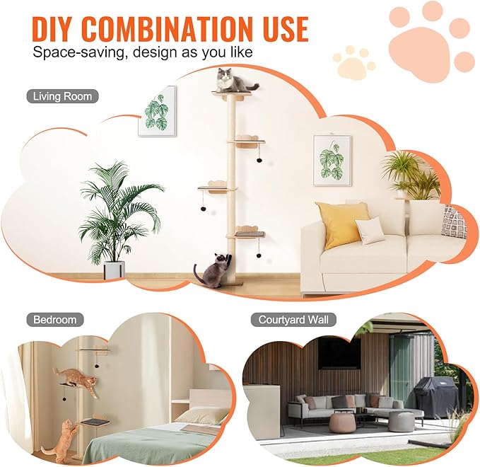 HAPPYBUY 4 Tiers Cat Tree, Cat Wall Furniture Set with 4 Jumping Boards, Wall-Mounted Cat Floating Shelf up to 40 lbs, 12 mm Pine Wood Cat Perch for Sleeping, Playing and Climbing