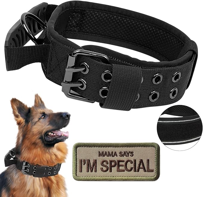 Tactical Dog Collar with Handle - Military Adjustable Dog Training Collar Soft Nylon and Heavy Duty Metal Buckle for Medium Large Dogs - with Patch (Black with Patch, Medium)