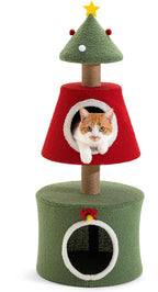 COSIEST 40in Tall Christmas Cat Tree Tower for Cats, Multi-Level Cat Tree House with Sisal Scratching Posts, Unique Kitty Condo & Kittens Play Activity Center for Christmas Decor, Red & Green