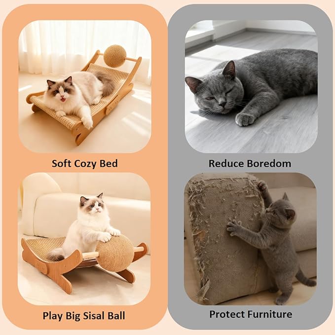Sisal Cat Scratcher Bed for Cat Scratching Chair Hammock, Large Scratch Post Lounger Pad with Toy Ball for Indoor Cats