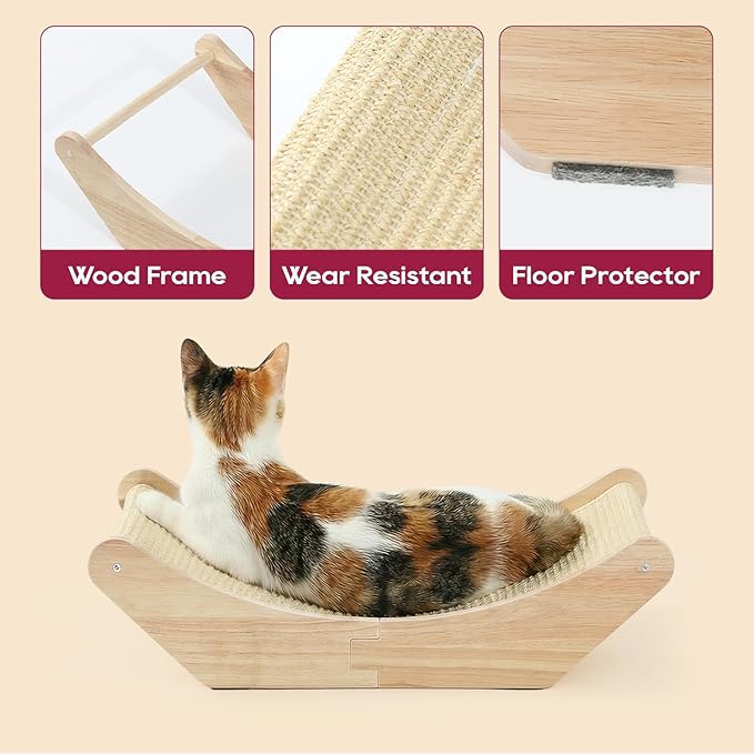 Zakkart Cat Sisal Scratching Bed Hammock, 2-in-1 Cat Scratcher & Lounging Bed, 100% Natural Sisal Mat, Solid Wood Frame, Cat Furniture Protector (Large, Natural Color)