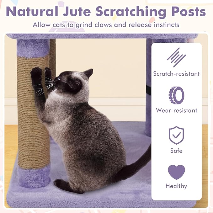 Tangkula Cute Cat Tree, 31.5 Inch Multi-Level Cat Tower with Jute Scratching Posts, Condo, Top Perch, Hanging Toy, Moon & Star & Cloud-Shaped Accents for Indoor Cats (Purple+Pink+White)