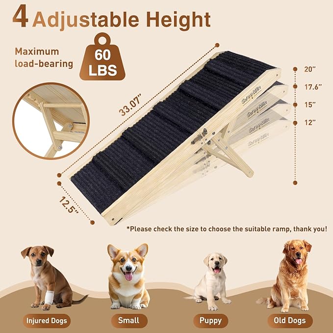 2026 Upgraded Dog Ramp for Couch - Foldable Small Dog Ramp for Bed - 4 Adjustable Height from 12" to 20" - Portable Pet Stairs with Non-Slip Pad - Pet Ramps Use for Low Bed Couch Steps Up to 60LBS