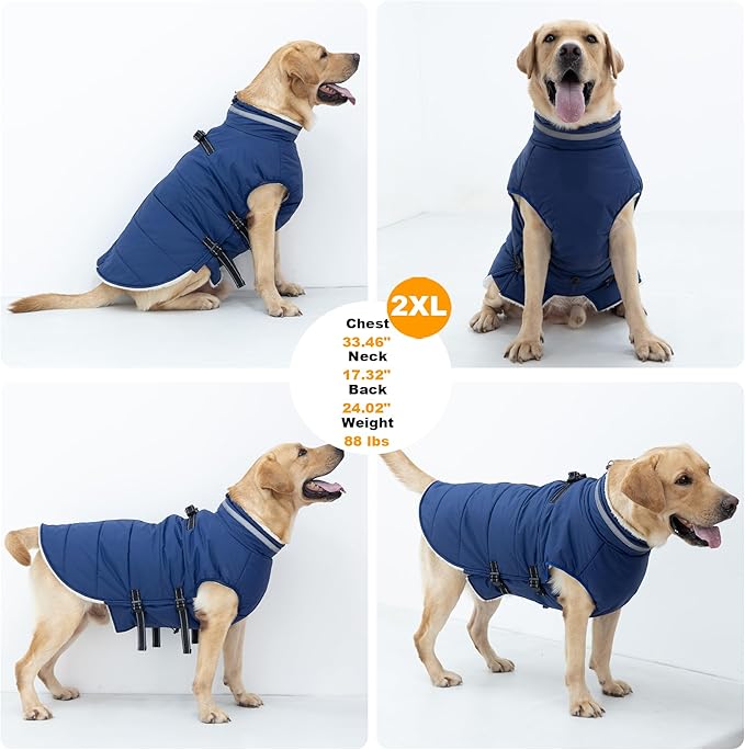 Mklhgty Dog Coat with Harness Built-in, Waterproof Reflective Fleece Lined - Warm Windproof Winter Jacket with Back Zipper, Cold Weather Snow Dog Coats - Blue - L
