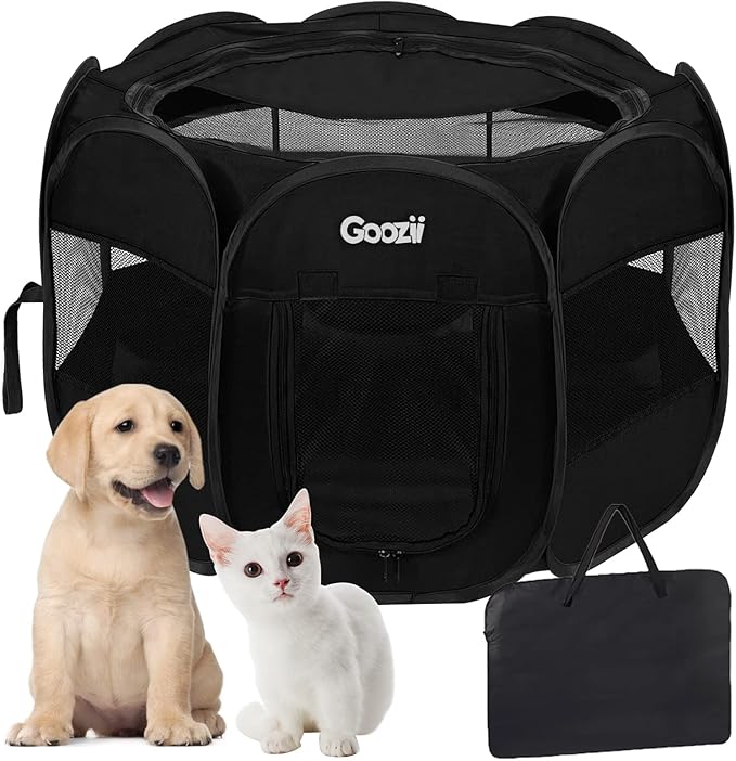 Puppy Playpen Indoor for Small Dogs, Portalble Pet Dog Play Pens Kennel Crate with Top Cover Floor Door Enclosed for Large Cats Animal as Dog Lovers (Black, Medium Size)