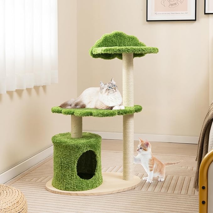 Tangkula Cat Tree Tower, Multi-Level Modern Wood Cat Tower with Sisal Scratching Posts, Top Perch, Solid Wood Base, Cute Cat Condo, Small Cat Tree for Indoor Cats Large Adult (38 Inch)