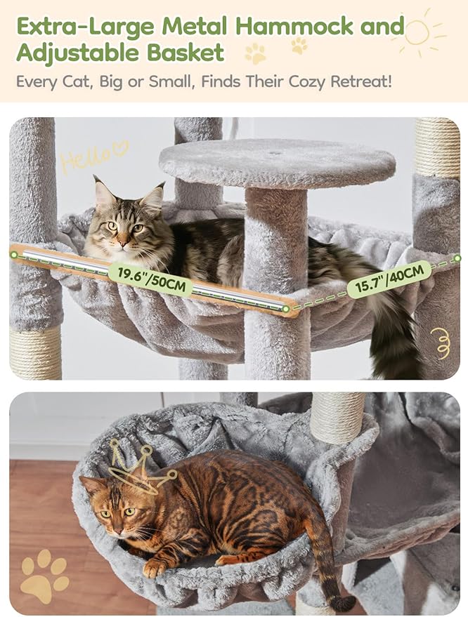 Taoqimiao 76-Inch Cat Tree XXL for Large Cats, Giant Cat Tower with Scratching Board, Extra-Large Metal Hammock, 3 Perches, 7 Sisal Posts, 2 Big Condos, Hanging Basket, Light Gray, MS047W