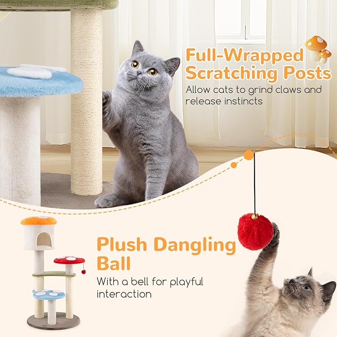 Tangkula Mushroom Cat Tree, 48 Inch Cute Cat Tower with Sisal Scratching Posts, Top Condo, Padded Platforms, Dangling Ball, Multi-Level Modern Cat Furniture, Activity Center for Indoor Cats