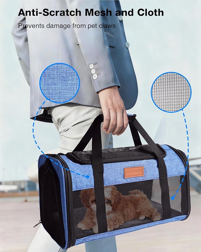 Pet Carrier Airline Approved 17x11x9.5 in - Underseat, Top & Side Entry Soft Dog Cat Travel Carrier with Safety Zippers ＆ Anti-Scratch Mesh for Small Cat and Dog for Pets Up to 10 Lb - Blue