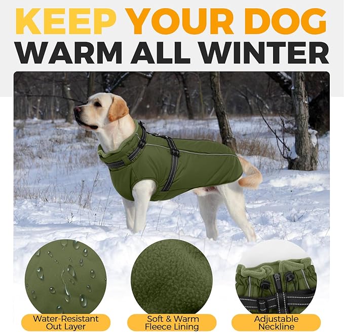 Lelepet Dog Coat for Large Dogs Waterproof Dog Jacket with Harness Built in Reflective Fleece Jacket with Zip Cold Weather Coats for Dogs Cozy Thermal Pet Snowsuit, Weimaraner, Army Green, XXL
