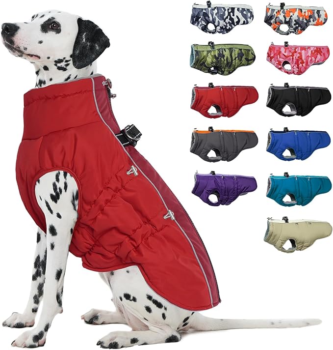 Medium Dog Coat - Warm Zip Up Snowsuit Dog Harness Vest, Reflective Water-Resistant Dog Jacket for Medium Dogs - Red