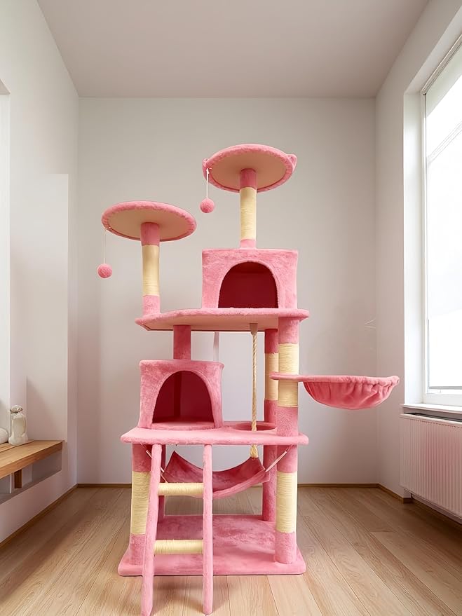 Cat Tree 60.63 inches Cat Tower for Indoor Cats, Multi-Level Cat Condo Furniture with Scratching Posts, Plush Perches, Activity Center with Cozy Basket & Hammock for Cats (Pink)