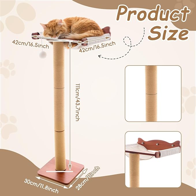 Sintuff Cat Window Perch with Scratching Post Climbing Tree Hammock Mounted with Suction Cups 46 Inch Tall Adjustable Narrow Cat Tree Climbing Pole for Playing Sleeping Watching Birds (Round)