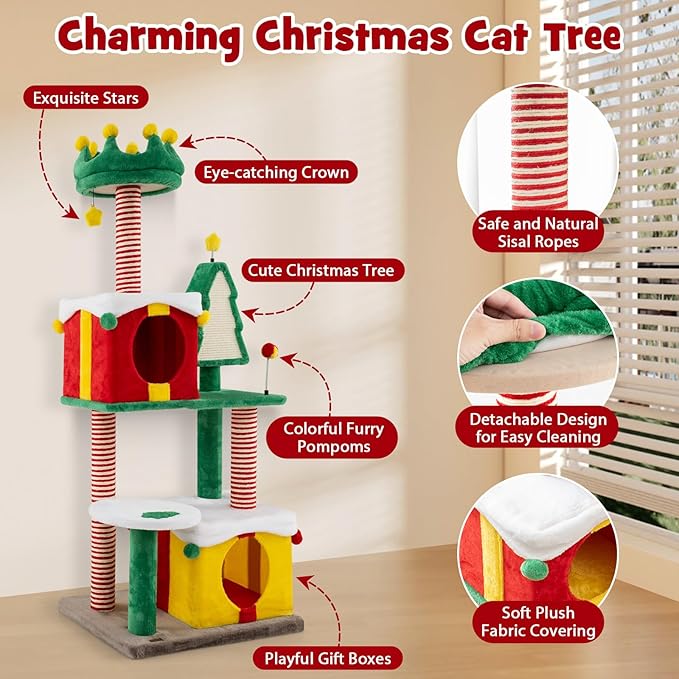 Tangkula 61 Inch Christmas Cat Tree, Multi-Level Tall Cat Tower with Sisal Scratching Posts & Board, 2 Gift Box-Shaped Cat Condos, Plush Padded Top Perch, Spring & Dangling Balls for Indoor Kittens