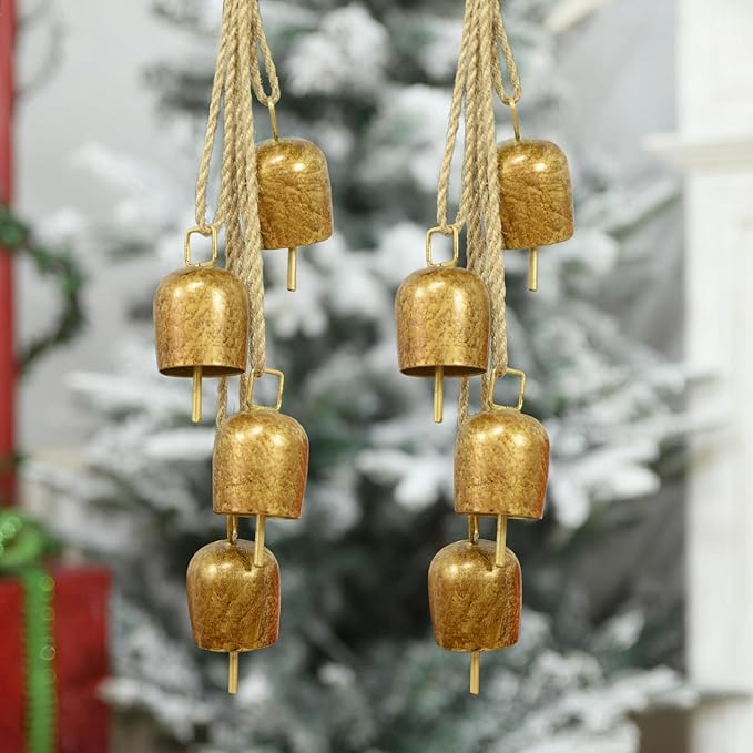 2 Pack Gold Metal Vintage Bells with Jute Hanging Rope, Decorative Cow Bell for Weddings, Parties, and Christmas Wreaths, Each 1.7W x 2.8H