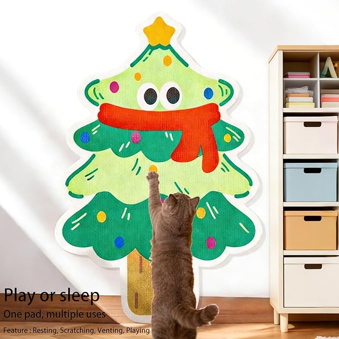 Cartoon Cat Scratching Mat, Cute Wall Cat Scratcher for Christmas, New Year, Pet Scratching Pad with Self-Adhesive Backing, Furniture Protector for Couch Door Sofa Indoor (Christmas Tree)