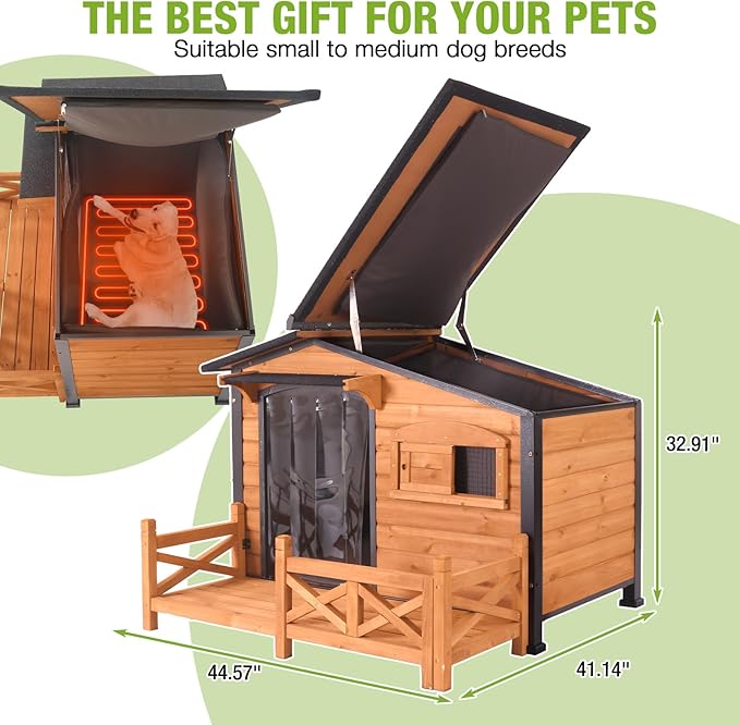 GUTINNEEN Heated Dog House Outdoor Dog Kennel with Safe Heated Pad, Chew-Proof Metal Frame and Insulated Liner for Small to Medium Dogs, 44.6" L x 41.1" W x 32.9“H (Brown)
