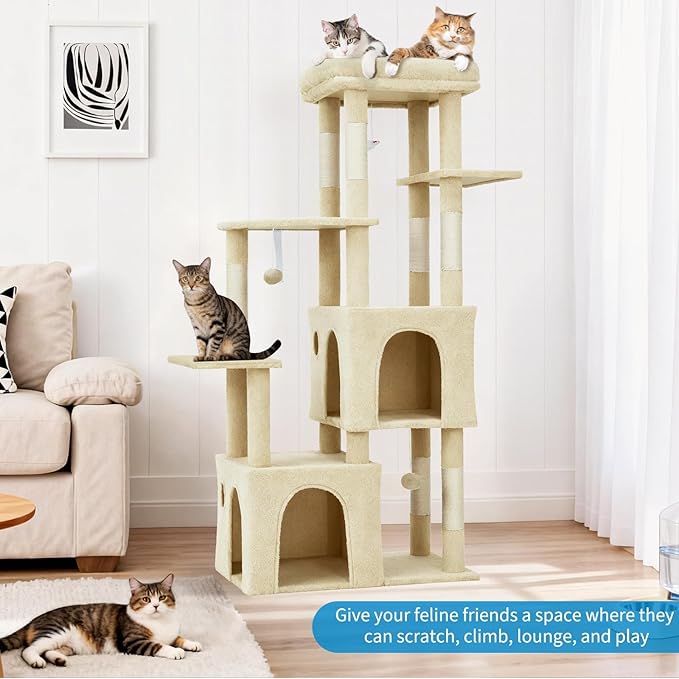 Cat Tree 61" Tall, Sisal Wrapped Scratching Post, Cat Nest, Hanging Ball, Extended Platform