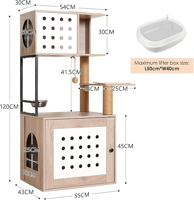 Cat Tree with Litter Box Enclosure, Multi-Level Cat Tower for Indoor Cats with Large Hammock, Bed, Scratching Posts, Feeding Station, Perch & Cat Condos, Modern Gray & White Pet Furniture