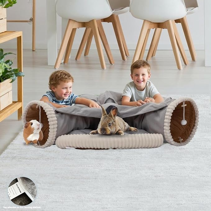 VelvetPaw Gray 2-in-1 Collapsible Rabbit Tunnel Bed | Removable Washable Pet Cushion | Cozy Hideout & Play Toy for Rabbits, Bunnies & Kittens - Indoor Rest, Exercise & Entertainment