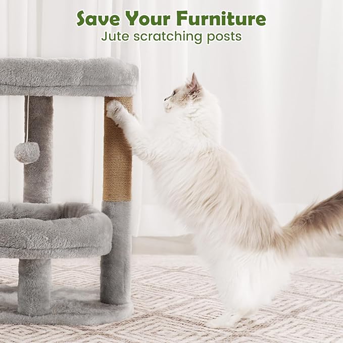 Cat Tree for Indoor Cats, 2-Tier Cat Tower with Padded Donut Beds, Stable Structure, Sisal Scratching Posts & Hanging Ball Toy, Modern Cat Furniture (Light Grey)