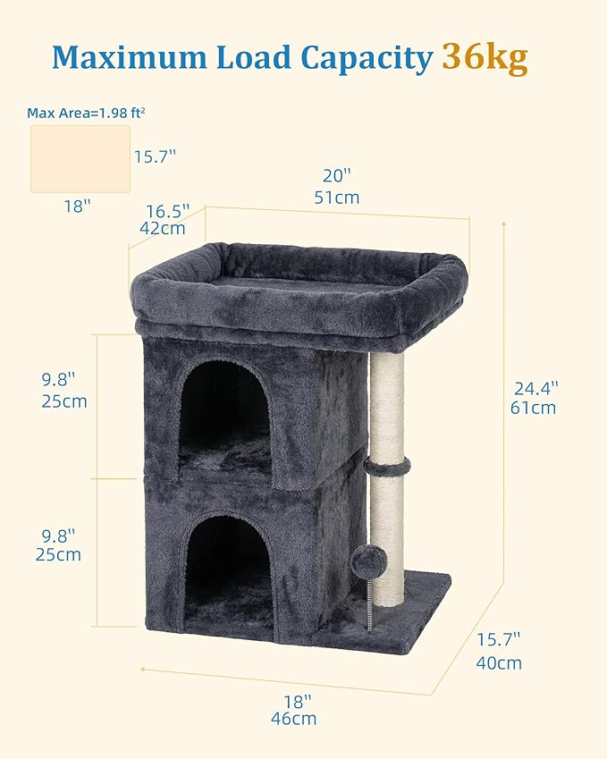 Cat Tree for Large Cat, 19 * 16.5In Large Cat Perch, Adult Cat Tower for Indoor Cats with 24In Long Scratching Post, 2 Cozy Cat Condo House for Adult & Fat Cats, Dark Gray