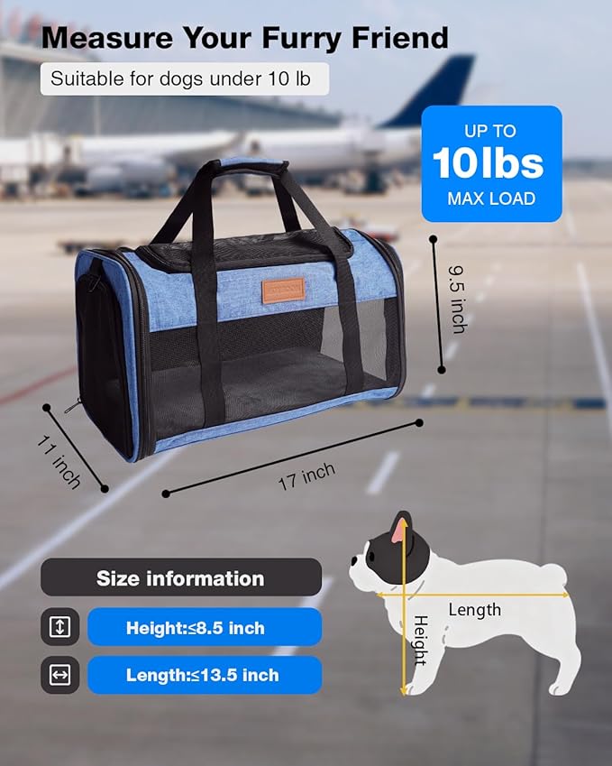 Pet Carrier Airline Approved 17x11x9.5 in - Underseat, Top & Side Entry Soft Dog Cat Travel Carrier with Safety Zippers ＆ Anti-Scratch Mesh for Small Cat and Dog for Pets Up to 10 Lb - Blue