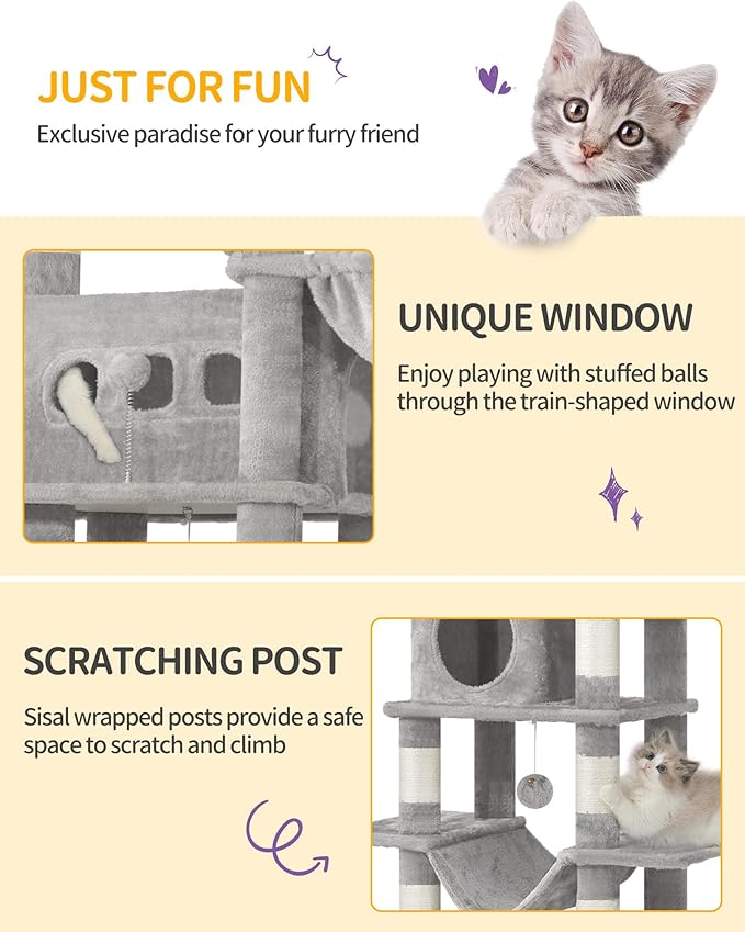 Cat Tree, 66.9" Large Cat Tower for Indoor Cats, Multi-Level Cat House with Condo, 8 Scratching Posts, Hammock, 4 Pom Poms, Light Grey MS17018LG