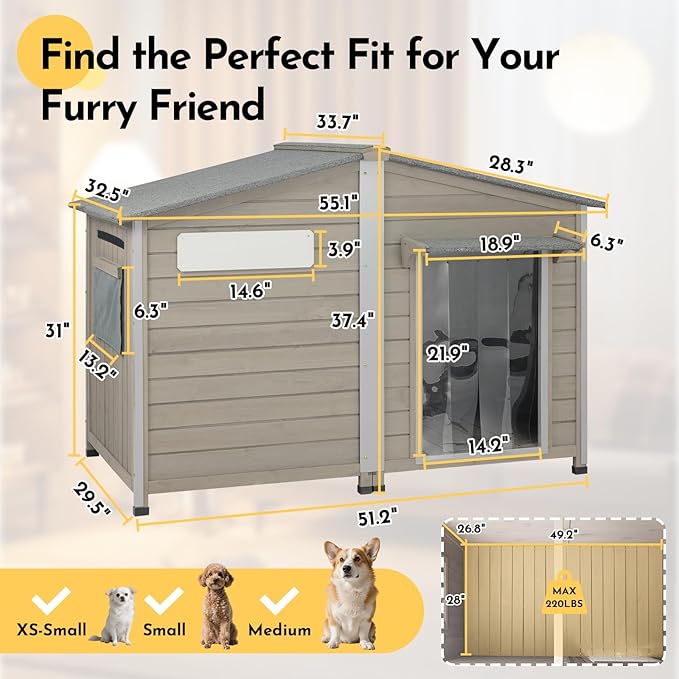 55''L Extra Large Dog House Outdoor Weatherproof, Wooden XL Dog Houses Kennel Breed with Waterproof Roof, Chew-Proof Iron Frame, Doghouse Pet Shelter Fits Small to Large Dogs
