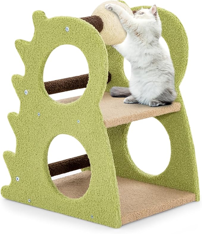 Tangkula Cute Cat Tree, Dinosaur-Shaped Cat Tower with Rotatable Sisal Scratching Ball, Soft Plush Fabric, Cat Climbing Stand, 2-Tier Modern Cat Tree for Small Indoor Cats (Green)
