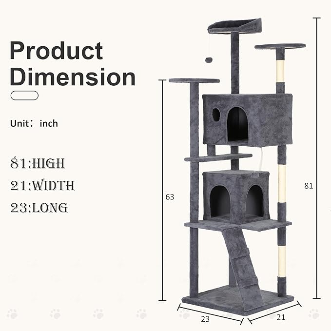 81" Multi-Level Cat Tree Tower with Scratching Posts - Space-Saving Design for Indoor Kittens Toys & Condo, Compact Floor Footprint & Vertical Space for Multi-Cat Homes-Dark Grey