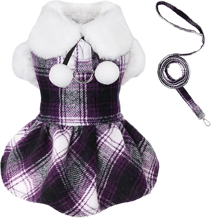 Dog Sweater with Leash Set Plaid Fleece Dog Clothes for Small Dogs Girl Boy Winter Pet Dress Cold Weather Coat Fall Sweater for Chihuahua Yorkie Cat Puppy Costumes (Purple, X-Small)