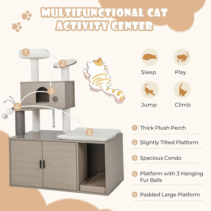 PETSITE Cat Tree with Litter Box Enclosure, 2-in-1 Modern Cat Tower with Condos, Top Perch, Sisal Posts, Scratching Board, Platform, Dangling Balls, Hidden Litter Box with Cat Tree (52 Inches Tall)
