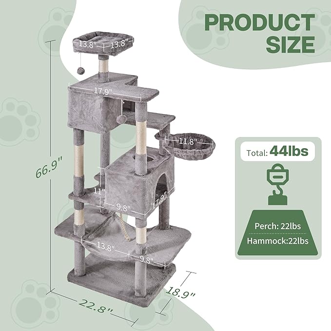 Cat Tree for Indoor Cats, 66 Inches Cat Tower with Scratching Post, Multi-Level Climbing Tree Cat House Padded Plush Perch, Cat Condo Activity Center with Pompoms, Kittens Pet Play House, Light Gray