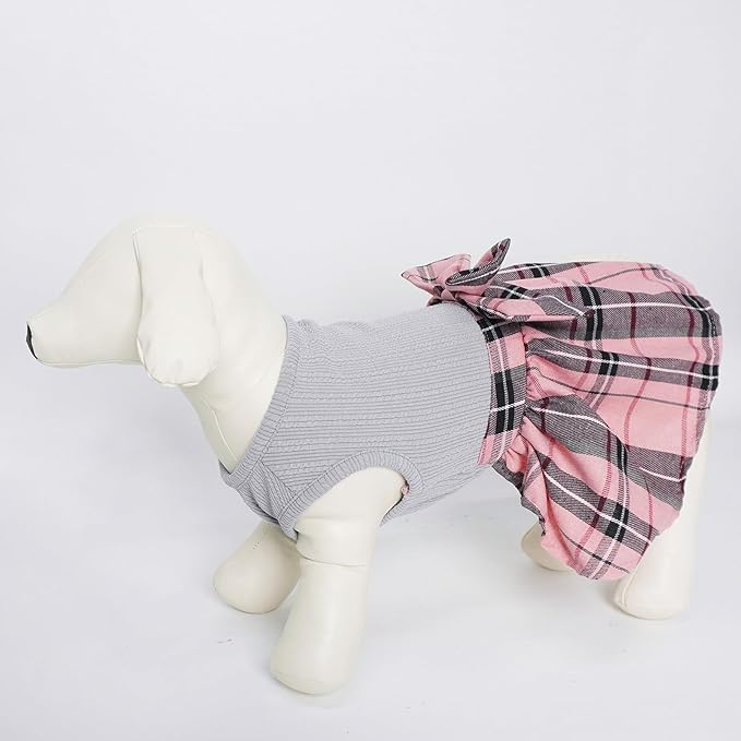PUPTECK Classic Plaid Dog Dress Pet Apparel with Cute Bowtie Puppy Clothes Outfit,Grey,M