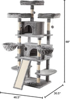 IMUsee 68 Inches Multi-Level Large Cat Tree for Large Kitties/Big Cat Tower with Condo/Cozy Plush Perches/Sisal Scratching Posts and Hammocks/ ‌Feline Activity Center Play House/Grey