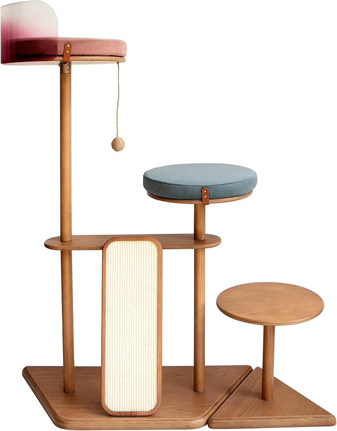 Modern Cat Tree for Living Room - Oak Veneer Cat Tower with Acrylic Pod, Solid Rubberwood, Scratch-Resistant Chenille & Sisal, Modern Cat Furniture for Indoor Cats