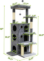 Cat Tree Tower for Indoor Cats, Adult Cat Tree House for Large Adult Cats with Steps, Scratching Post, 3 Cat Caves, Dangling Toys (Grey)