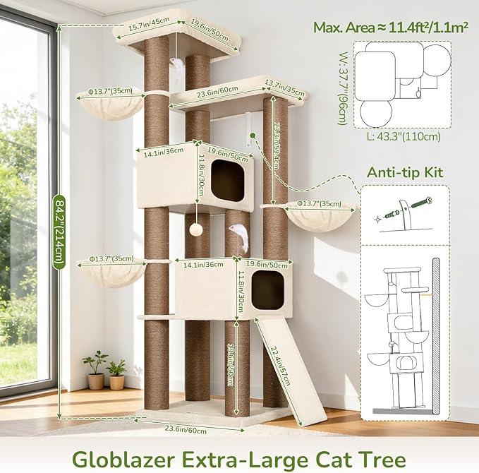 Globlazer 84" Multi-Level Large Cat Tree Tower with Extra Thick Full Sisal Scratching Posts, 2 Cat Condos, 3 Hanging Baskets, 2 Extra Large Platforms & Cat Scratching Ramp,S84, Beige