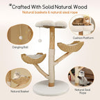 Bingopaw Modern Cat Tree Tower: 44Inch Large Cats Tree with Rattan Basket and Sturdy Base - Wooden Cat Tree with Scratching Post and Flower Shape Platform