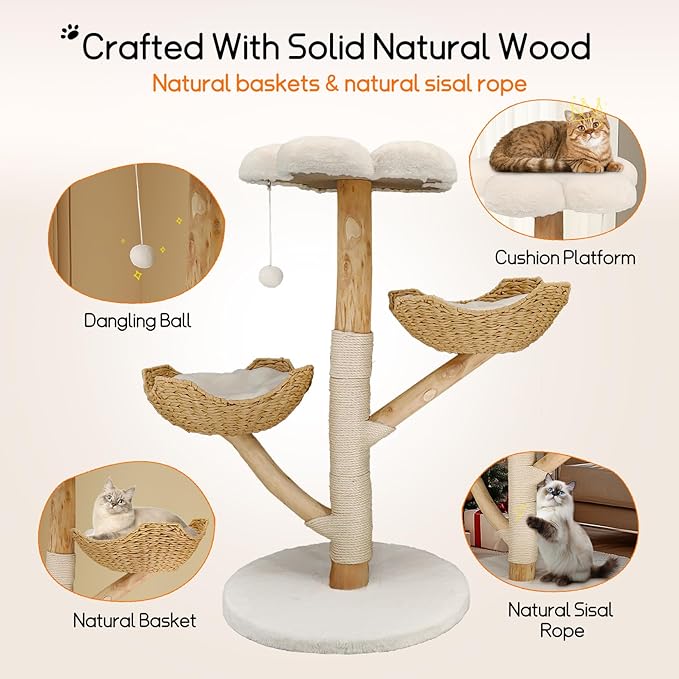 Bingopaw Modern Cat Tree Tower: 44Inch Large Cats Tree with Rattan Basket and Sturdy Base - Wooden Cat Tree with Scratching Post and Flower Shape Platform