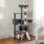 PEQULTI 60'' Cat Tree, Tall Cat Tower with 2 Large Condos, Wide Top Perch, Cozy Hammock and Sisal Scratching Posts for Indoor Cats Lare Adult Smoky Gray