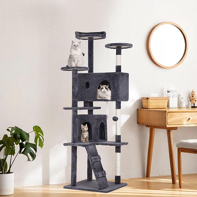70 Inch Ashy Cat Tree, Tall Cat Tower with 2 Condos, 3 Scratching Posts, Multi-Level Platforms - Sturdy Climbing Structure Tall Cat Tower for Indoor Cats