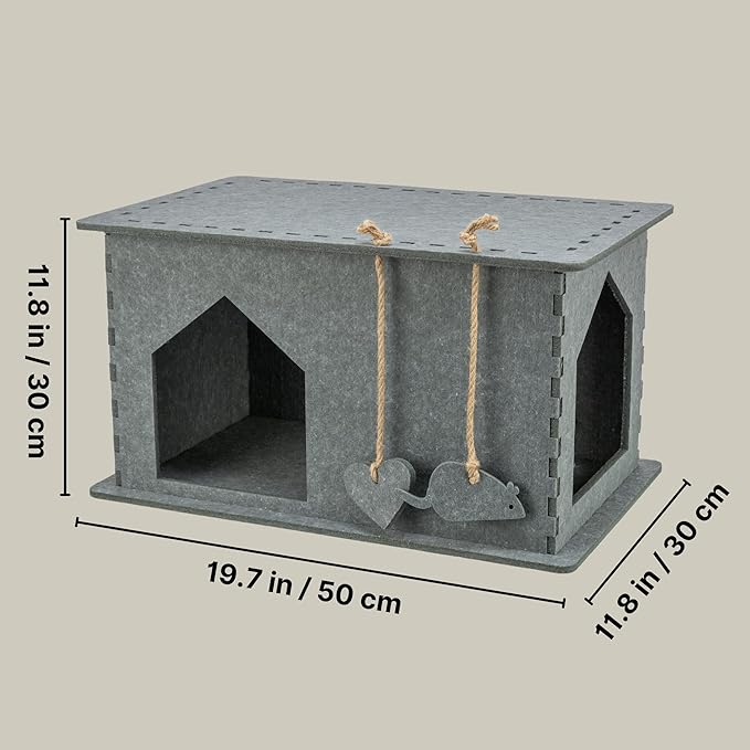 TRIXIE Lene Felt Cat Condo - Indoor Cat Furniture - Small Hideaway Cave with Hanging Toy and Jute Scratching Pads - Gray