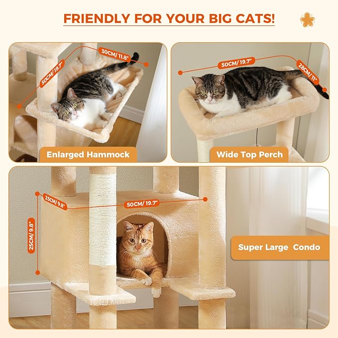 PEQULTI 66" Cat Tree for Indoor Cats, Tall Cat Tower for Large Cats with Scratching Post, Super Large Metal Hammock and 2 Big Condos, Beige